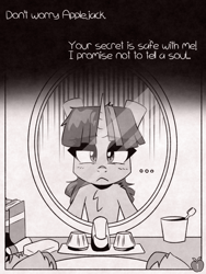 Size: 1050x1400 | Tagged: safe, artist:provolonepone, twilight sparkle, pony, unicorn, comic:sapphic story, g4, bathroom, book, comic, dialogue, implied applejack, looking at you, mirror, monochrome, solo, toothbrush, unicorn twilight