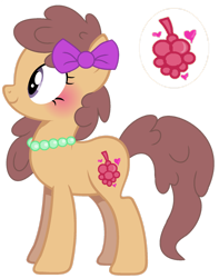 Size: 1280x1624 | Tagged: safe, artist:princess-kitsune-tsu, oc, oc only, earth pony, pony, bow, earth pony oc, female, full body, hair bow, jewelry, mare, necklace, offspring, parent:berry punch, parent:caramel, pearl necklace, purple eyes, show accurate, side view, simple background, smiling, solo, standing, tail, transparent background