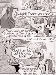 Size: 1050x1400 | Tagged: safe, artist:provolonepone, spike, twilight sparkle, dragon, pony, unicorn, comic:sapphic story, g4, book, bookshelf, comic, dialogue, golden oaks library, library, magic, monochrome, speech bubble, telekinesis, unicorn twilight