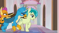 Size: 1280x720 | Tagged: safe, edit, edited screencap, screencap, gallus, hitch trailblazer, izzy moonbow, ocellus, sandbar, silverstream, smolder, yona, changedling, changeling, classical hippogriff, dragon, earth pony, griffon, hippogriff, pony, unicorn, yak, g4, g5, my little pony: a new generation, school daze, spoiler:my little pony: a new generation, animated, bow, cloven hooves, colored hooves, dragoness, female, flower, flying, hair bow, jewelry, male, monkey swings, necklace, projector, sound, student six, teenager, webm