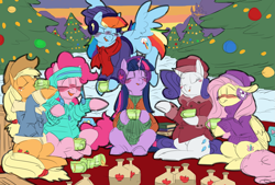 Size: 2039x1378 | Tagged: safe, artist:snspony, applejack, fluttershy, pinkie pie, rainbow dash, rarity, twilight sparkle, earth pony, pegasus, pony, unicorn, g4, blushing, christmas, christmas tree, cider, clothes, drink, drinking, earmuffs, female, floppy ears, fluttershy's purple sweater, hat, hearth's warming, holiday, jacket, mane six, mare, scarf, sweater, tree, winter, winter outfit