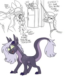 Size: 1163x1375 | Tagged: safe, artist:jinx32297, rarity, spike, oc, oc:estelle la ange, dracony, hybrid, pony, unicorn, g4, dialogue, father and child, father and daughter, female, interspecies offspring, male, mare, mother and child, mother and daughter, offspring, older, older spike, parent:rarity, parent:spike, parents:sparity, refrigerator, scruff, ship:sparity, shipping, simple background, straight, white background
