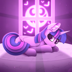 Size: 1920x1920 | Tagged: dead source, safe, alternate version, artist:alexbefest, twilight sparkle, alicorn, bat, pony, g4, bed, crepuscular rays, cute, ear fluff, female, folded wings, frog (hoof), horn, looking at you, lying down, mare, neon, nightmare night, on bed, pink, prone, signature, smiling, smiling at you, solo, twiabetes, twilight sparkle (alicorn), underhoof, window, wings