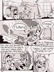 Size: 1050x1400 | Tagged: safe, artist:provolonepone, applejack, fluttershy, pinkie pie, earth pony, pegasus, pony, comic:sapphic story, g4, applejack's hat, comic, cowboy hat, dialogue, female, hat, leaves, lesbian, ponyville, rain, ship:flutterpie, shipping, speech bubble, tree