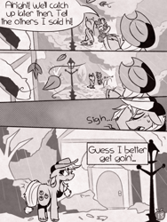 Size: 1050x1400 | Tagged: safe, artist:provolonepone, applejack, fluttershy, pinkie pie, earth pony, pegasus, pony, comic:sapphic story, g4, applejack's hat, comic, cowboy hat, dialogue, female, hat, leaves, lesbian, monochrome, ponyville, rain, sad, ship:flutterpie, shipping, sigh, speech bubble, unhapplejack, waving