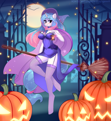 Size: 2672x2900 | Tagged: safe, artist:xjenn9, oc, oc only, anthro, unguligrade anthro, broom, clothes, dress, female, gravestone, halloween, hat, high res, holiday, jack-o-lantern, moon, pumpkin, skirt, solo, witch costume, witch hat