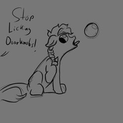 Size: 3000x3000 | Tagged: safe, artist:fumalunga, candy apples, earth pony, pony, g4, apple family member, doorknob, female, grayscale, high res, licking, mare, monochrome, offscreen character, raised hoof, silly, sitting, sketch, solo, tongue out