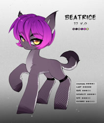 Size: 1698x2000 | Tagged: safe, artist:shavurrr, oc, oc only, oc:beatrice, earth pony, pony, beautiful eyes, blank flank, character design, clothes, color palette, colored pupils, cute, ear fluff, earth pony oc, eyebrows, eyebrows visible through hair, eyelashes, female, golden eyes, gradient background, gray coat, looking at you, mare, ocbetes, pale belly, pantyhose, purple mane, raised hoof, reference sheet, short tail, solo, tail, teenager, two toned coat, yellow eyes