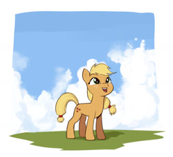 Size: 1280x1156 | Tagged: safe, artist:ddenver, applejack, earth pony, pony, g4, cloud, cute, female, freckles, hatless, jackabetes, looking up, mare, missing accessory, open mouth, open smile, shadow, sky, smiling, solo, standing