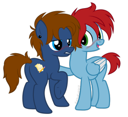 Size: 2000x1831 | Tagged: safe, artist:kaitykat117, oc, oc only, oc:jack(fb), oc:jasper(fb), earth pony, pegasus, pony, g4, base used, blue eyes, blushing, brown mane, brown tail, ear piercing, earth pony oc, folded wings, green eyes, gritted teeth, open mouth, open smile, pegasus oc, piercing, raised hoof, red mane, red tail, show accurate, simple background, smiling, standing, tail, transparent background, underhoof, vector, wings