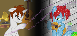 Size: 4286x2000 | Tagged: safe, artist:kaitykat117, oc, oc only, oc:danielle(fb), oc:jasper(fb), g4, base used, christmas, crying, days gone by, gramophone, guitar, holiday, lyrics, musical instrument, sad, snow, snowfall, song reference, text, vector