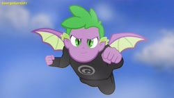 Size: 3642x2048 | Tagged: safe, artist:georgegarza01, spike, equestria girls, g4, clothes, flying, high res, human spike, male, pants, show accurate, solo, sweatpants, sweatshirt, winged humanization, winged spike, wings