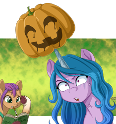 Size: 1239x1326 | Tagged: safe, artist:uotapo, izzy moonbow, sunny starscout, earth pony, pony, unicorn, g5, my little pony: a new generation, book, brush, duo, duo female, female, halloween, heavy, holiday, horn, horn impalement, implied pinkie pie, izzy impaling things, jack-o-lantern, mare, mouth hold, paintbrush, pumpkin, shrunken pupils, sweat, sweatdrop, vein, vein bulge