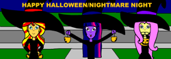 Size: 1870x648 | Tagged: safe, fluttershy, sunset shimmer, twilight sparkle, equestria girls, g4, equestria girls-ified, halloween, hat, holiday, nightmare night, pumpkin, witch costume, witch hat