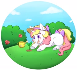 Size: 1780x1612 | Tagged: safe, artist:foxhatart, oc, oc only, oc:taffy, pony, unicorn, bow, bush, female, grass, happy, hat, lying down, mare, open mouth, partial background, plant, prone, solo, tail, tail bow, watering can