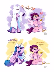 Size: 3000x4000 | Tagged: safe, artist:lazybread, izzy moonbow, pipp petals, pegasus, pony, unicorn, g5, my little pony: a new generation, bedsheet ghost, bipedal, boo, chest fluff, clothes, costume, dialogue, duo, female, frog (hoof), ghost costume, halloween, halloween costume, holiday, mare, open mouth, phone, scared, tongue out, underhoof