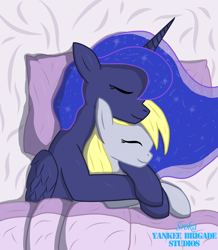 Size: 2356x2696 | Tagged: safe, artist:sroka001, derpy hooves, princess luna, alicorn, pegasus, pony, g4, bed, cuddling, cute, derpabetes, eyes closed, female, happy, high res, hug, hug from behind, lesbian, lunabetes, lying down, mare, on side, pillow, ship:lunaderp, shipping, smiling, snuggling, spooning