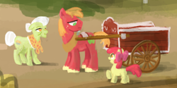 Size: 453x226 | Tagged: safe, artist:king-kakapo, apple bloom, big macintosh, granny smith, earth pony, pony, g4, brother and sister, female, filly, grandmother and grandchild, horse collar, male, mare, siblings, stallion, trio, unshorn fetlocks, wagon