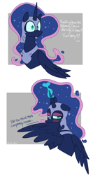 Size: 2124x4000 | Tagged: safe, artist:icey, nightmare moon, alicorn, pony, g4, abstract background, blush sticker, blushing, comic, cute, ethereal mane, female, mare, nightmare night, offscreen character, pickup lines, starry mane, text, wings