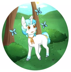Size: 2098x2131 | Tagged: safe, artist:foxhatart, oc, oc only, oc:teal, butterfly, pony, unicorn, high res, male, partial background, solo, stallion, tree