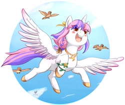 Size: 2160x1809 | Tagged: safe, artist:foxhatart, oc, oc only, oc:lola, alicorn, bird, pony, alicorn oc, eye clipping through hair, female, flying, horn, mare, open mouth, open smile, partial background, sky, smiling, solo, spread wings, wings