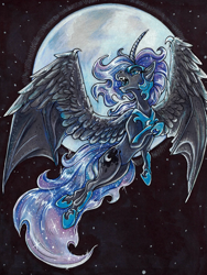 Size: 1127x1500 | Tagged: safe, artist:ocelotfire-art, nightmare moon, alicorn, pony, g4, bat wings, blue eyes, blue mane, curved horn, ethereal mane, ethereal tail, fangs, feather, female, flowing mane, flowing tail, flying, helmet, hoof shoes, horn, hybrid wings, looking up, mare, moon, night, open mouth, peytral, solo, sparkles, spread wings, starry mane, starry tail, stars, tail, teeth, traditional art, wings