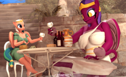 Size: 3563x2160 | Tagged: safe, artist:steamyart, somnambula, the sphinx, sphinx, anthro, g4, 3d, alcohol, commission, duo, female, glass, high res, larger female, size difference, source filmmaker, wine, wine glass