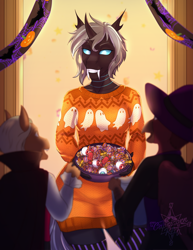 Size: 2550x3300 | Tagged: safe, artist:askbubblelee, oc, oc:imago, changeling, ghost, undead, anthro, unguligrade anthro, anthro oc, candy, changeling oc, clothes, digital art, fangs, female, food, grey hair, halloween, high res, holiday, nightmare night, smiling, socks, solo focus, sweater, sweater dress, thigh highs, trick or treat, trio, zettai ryouiki