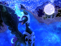 Size: 1200x899 | Tagged: safe, artist:icelighti, nightmare moon, alicorn, pony, g4, blue eyes, blue mane, curved horn, digital art, ethereal mane, eyeshadow, fangs, feather, female, flowing mane, glowing, glowing horn, helmet, horn, looking at you, makeup, moon, night, open mouth, smiling, smiling at you, solo, spread wings, starry mane, stars, teeth, wings