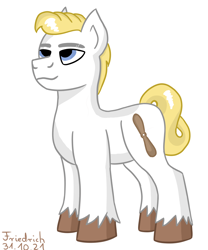 Size: 1000x1200 | Tagged: safe, artist:friedrich911, oc, oc only, earth pony, pony, blonde mane, blonde tail, blue eyes, earth pony oc, eyebrows, lidded eyes, male, simple background, solo, stallion, standing, tail, unshorn fetlocks, white, white background