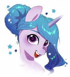 Size: 1956x2146 | Tagged: safe, artist:potetecyu_to, izzy moonbow, pony, unicorn, g5, my little pony: a new generation, alternate hairstyle, bust, chest fluff, cute, female, hair bun, high res, izzybetes, looking at you, mare, open mouth, open smile, portrait, simple background, smiling, solo, starry eyes, three quarter view, white background, wingding eyes