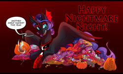 Size: 1750x1050 | Tagged: safe, artist:cosmalumi, idw, nightmare moon, alicorn, pony, g4, reflections, spoiler:comic, candy, evil counterpart, evil luna, female, food, gradient background, halloween, holiday, jack-o-lantern, mirror universe, nightmare night, pumpkin, solo