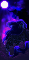 Size: 1280x2593 | Tagged: safe, artist:nightdash20023, nightmare moon, alicorn, pony, g4, blue eyes, blue mane, blue tail, cloud, feather, female, flowing mane, grin, horn, looking at you, moon, moonlight, night, shadow, smiling, solo, spread wings, tail, teeth, wings