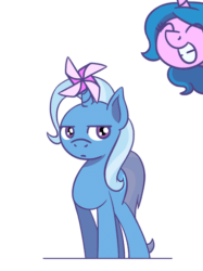 Size: 365x487 | Tagged: safe, artist:flutterluv, izzy moonbow, trixie, pony, unicorn, g5, my little pony: a new generation, 2020, animated, duo, duo female, eyes closed, female, mare, pinwheel (toy), simple background, trixie is not amused, unamused, white background