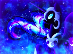 Size: 1066x800 | Tagged: dead source, safe, artist:astelleseresute63, nightmare moon, alicorn, pony, g4, blue background, blue eyes, blue mane, ethereal mane, female, flowing mane, glowing, helmet, hoof shoes, horn, looking at you, night, solo, spread wings, starry mane, stars, wings