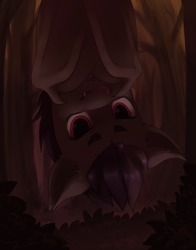 Size: 3732x4764 | Tagged: safe, artist:aquoquoo, rumble, bat pony, pony, g4, absurd resolution, colt, forest, hanging, hanging upside down, licking, licking lips, male, race swap, solo, tongue out, upside down