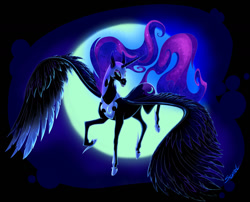 Size: 1280x1033 | Tagged: safe, artist:scyrel, nightmare moon, alicorn, pony, g4, black background, blue eyes, blue mane, blue tail, ethereal mane, eyelashes, eyeshadow, feather, female, flowing mane, flowing tail, flying, grin, helmet, hoers, hoof shoes, horn, makeup, moon, night, open mouth, signature, simple background, smiling, solo, spread wings, starry mane, tail, teeth, wings
