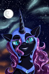 Size: 1991x3011 | Tagged: safe, artist:moonkitty, nightmare moon, twilight sparkle, alicorn, pony, g4, blue eyes, cloud, digital art, eyelashes, fangs, female, flowing mane, helmet, horn, mare, moon, night, open mouth, peytral, purple mane, reflection, smiling, solo, stars, teeth