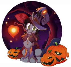 Size: 2048x1938 | Tagged: safe, artist:light262, pony, unicorn, clothes, commission, costume, disguise, disguised siren, fangs, halloween, hat, heart, holiday, horn, jack-o-lantern, kellin quinn, looking at you, male, mouth hold, night, ponified, pumpkin, sitting, sleeping with sirens, solo, stallion, stick, tree, ych result