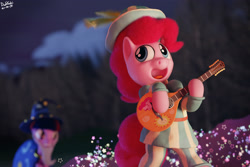 Size: 3240x2160 | Tagged: safe, artist:dashyoshi, pinkie pie, twilight sparkle, earth pony, pony, g4, 3d, bard, bard pie, blender, blender cycles, clothes, costume, craft, fantasy class, female, forest, halloween, halloween 2021, halloween costume, high res, holiday, lute, solo