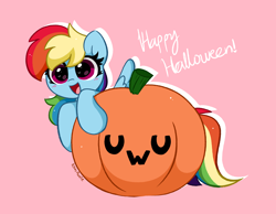 Size: 4530x3507 | Tagged: safe, artist:kittyrosie, rainbow dash, pegasus, pony, g4, :d, blushing, cute, dashabetes, female, halloween, halloween 2021, happy halloween, heart, heart eyes, high res, holiday, mare, open mouth, open smile, pink background, pumpkin, simple background, smiling, solo, uwu, wingding eyes