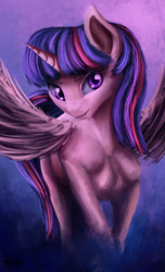 Size: 1983x3268 | Tagged: safe, artist:seven9988, twilight sparkle, alicorn, pony, g4, abstract background, female, horn, looking at something, mare, painting, solo, spread wings, twilight sparkle (alicorn), wings