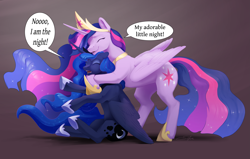 Size: 5097x3240 | Tagged: safe, artist:silfoe, princess luna, twilight sparkle, alicorn, pony, the last problem, absurd resolution, commission, commissioner:reversalmushroom, crown, cute, cutie mark, ethereal mane, eyes closed, female, funny, hape, hoof shoes, hug, i am the night, jewelry, lesbian, lunabetes, mare, older, older twilight, open mouth, personal space invasion, peytral, princess twilight 2.0, regalia, shipping, silfoe is trying to murder us, simple background, sitting, size difference, standing, starry mane, twilight sparkle (alicorn), twiluna, wholesome
