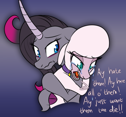 Size: 1148x1066 | Tagged: safe, artist:thescornfulreptilian, oleander (tfh), pom (tfh), lamb, pony, sheep, unicorn, them's fightin' herds, cloven hooves, community related, crying, curved horn, duo, female, gradient background, horn, hug, mare, sad