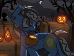 Size: 1024x768 | Tagged: safe, artist:eucalipt, oc, oc only, oc:pegasusgamer, ghost, pegasus, pony, undead, butt, candy, food, halloween, holiday, horror, jack-o-lantern, male, mouth hold, night, pegasus oc, plot, pumpkin, scary, spooky