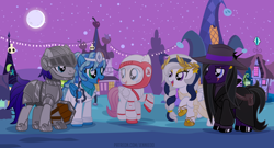 Size: 1200x648 | Tagged: safe, artist:jennieoo, oc, oc:andrewmeda, oc:gentle star, oc:maverick, oc:milky way (sodadrinker11), oc:ocean soul, earth pony, pegasus, pony, armor, astronaut, braid, clothes, cosmonaut, costume, cute, doctor, friends, greek goddess, happy, knight, laughing, moon, night, nightmare night, ocbetes, show accurate, smiling, soviet union, spacesuit, stethoscope, vampire hunter