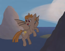 Size: 1280x1012 | Tagged: safe, artist:eminent entropy, oc, oc only, oc:umber, bat pony, pony, bat pony oc, bat wings, cloud, cutie mark, female, flying, island, mare, mountain, ocean, scenery, solo, spread wings, wings