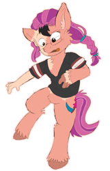 Size: 909x1412 | Tagged: safe, artist:detectivecoon, sunny starscout, earth pony, human, pony, g5, my little pony: a new generation, cheek fluff, chest fluff, clothes, ear fluff, glasses, human to pony, leg fluff, male to female, mid-transformation, open mouth, outline, rule 63, shirt, solo, transformation, transgender transformation