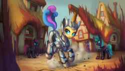 Size: 1200x686 | Tagged: safe, artist:asimos, bon bon, sweetie drops, earth pony, pony, g4, ark survival evolved, armor, battle suit, building, commission, crossover, house, power armor, video game crossover, village