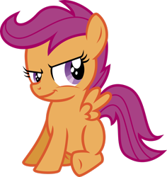 Size: 2380x2520 | Tagged: safe, artist:flizzick, scootaloo, pegasus, pony, g4, season 1, the show stoppers, :t, female, filly, high res, purple eyes, simple background, sitting, small wings, smiling, solo, spread wings, tail, transparent background, vector, wings